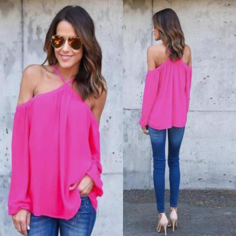 Women Chiffon Halter Blouse Black White Casual Long Sleeve Off Shoulder Loose Club Party Tops Shirts Plus Size