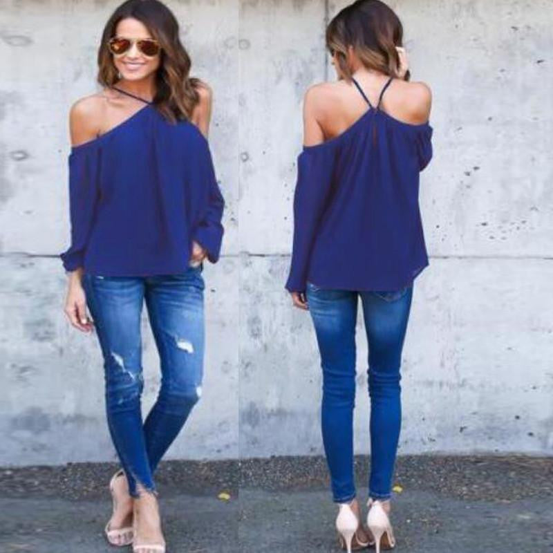 Women Chiffon Halter Blouse Black White Casual Long Sleeve Off Shoulder Loose Club Party Tops Shirts Plus Size