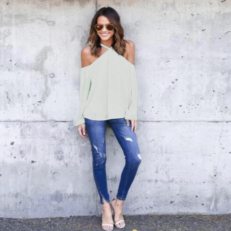Women Chiffon Halter Blouse Black White Casual Long Sleeve Off Shoulder Loose Club Party Tops Shirts Plus Size