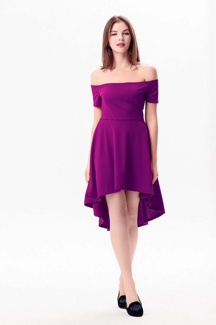 ball gown solid red sleeveless mini off the shoulder slash collar high waist women party dress