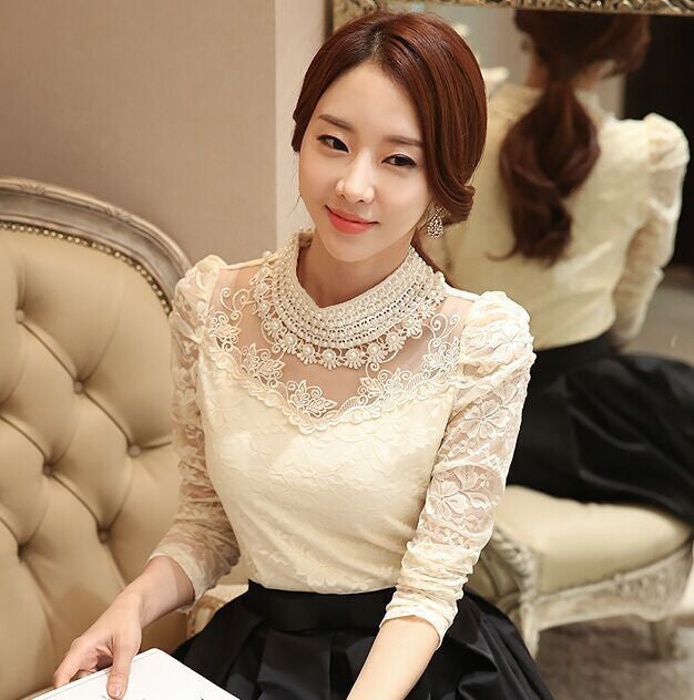long sleeve blouse shirts women fashion beaded Plus size Lace Tops Women clothing