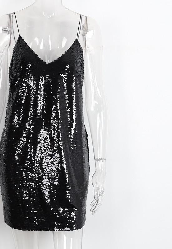 Simplee Backless deep v sequin sexy dress Women black party luxury sundress short dress Autumn strap mini dress vestidos camis