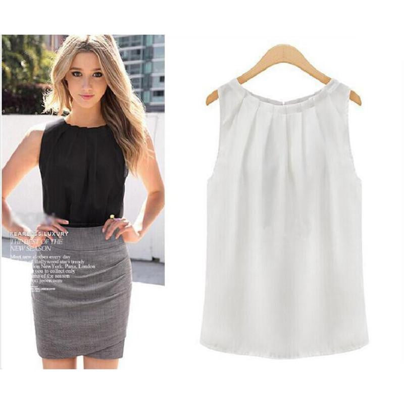 Women Lady Elegant Loose Solid Fold Collar Sleeveless Chiffon Vest Tank Tops Blouse Gift