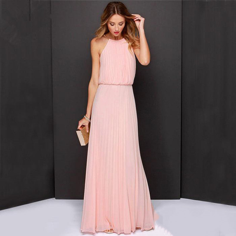 Online discount shop Australia - fashion sexy dress sleeveless Halter pleated pink series of sexy fashion chiffon dress