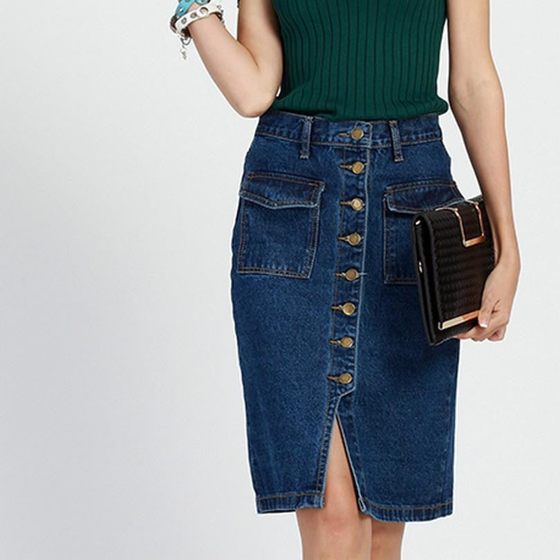 Womens Skirt Jeans Single Breasted Fashion Slim Fit Ladies Elegant Solid Denim Skirts with Double Pocket Split