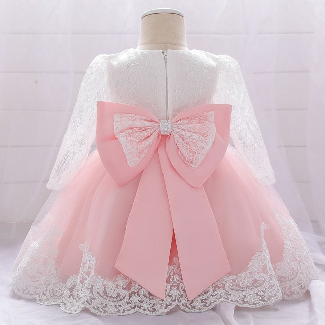 Newborn Long Sleeve Baby Girl Dresses Party Wedding Girl Lace Big Bow Dresses Infant Girl 1st Birthday Princess Baptism Dress