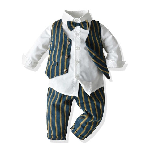 Boys Gentleman Clothing Set Cotton Long Sleeve Bowtie Shirt+Waistcoat+Pants 3Pcs Suit Kids Boy Casual Clothes Set
