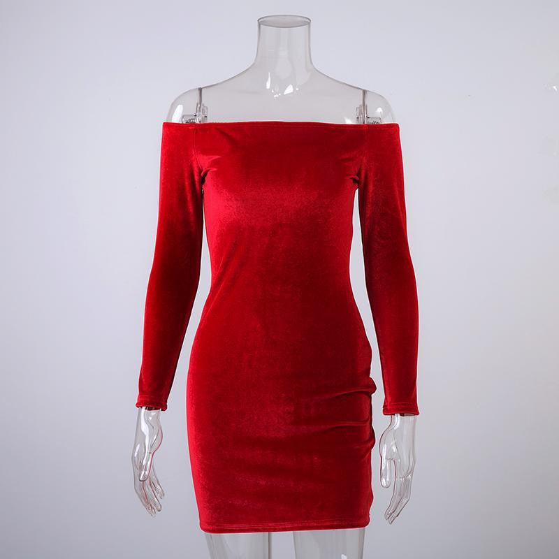 Off Shoulder Wine Red Sheath Velvet Dress Women Winter Party Long Sleeve Elegant Pencil Bodycon Ladies Dress Vestidos