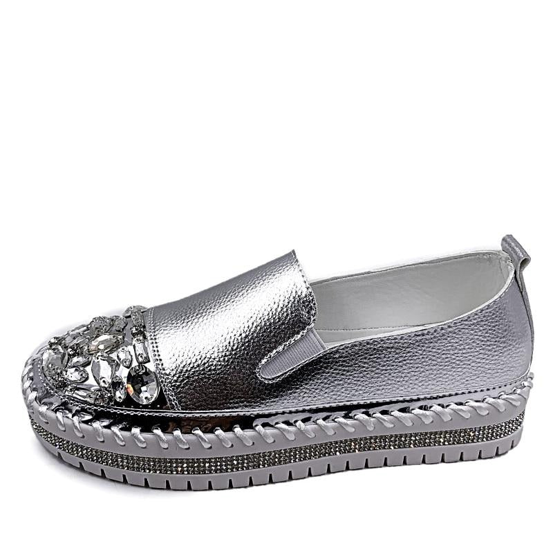 Crystals Round Toe Leather Flats Shoes Women Silver Bling Loafers Couple Platform Shoes Woman Flat With Students Size 43