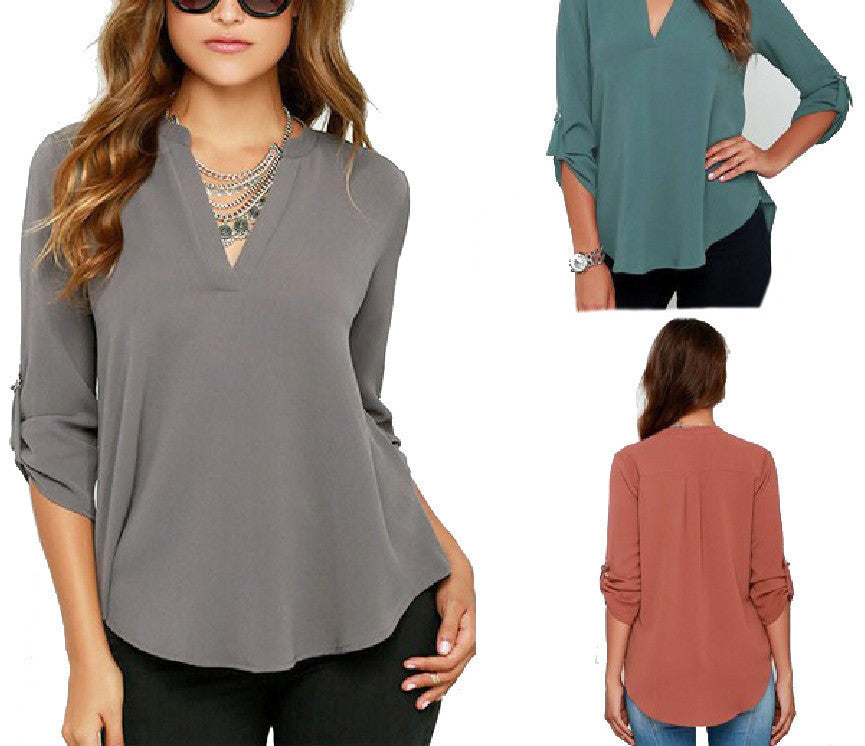 Fashion Style Women V-neck Chiffon Blouse Casual Sleeve Solid Shirts Tops Size S-5XL