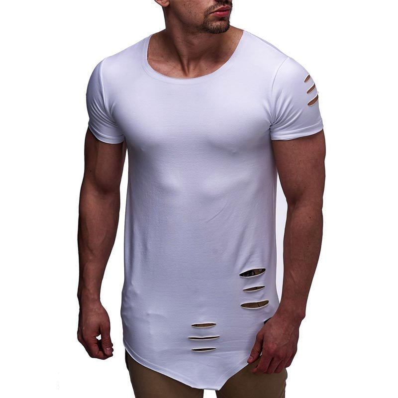 Online discount shop Australia - Latest Men's Hip Hop Clothing Streetwear Male Ripped Hole Design T-shirt High Street O-neck Slim Fit Tops Tees T17