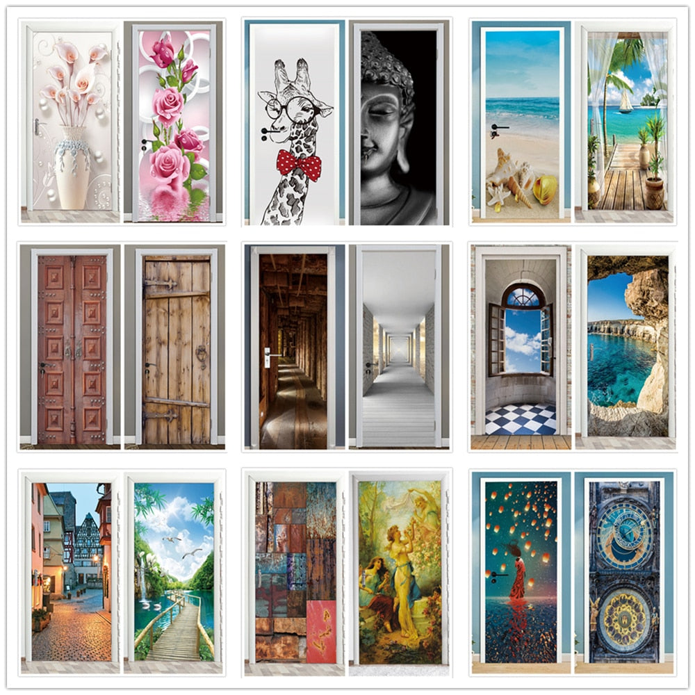 Landscape Door Stickers 3D Removable Adhesive Wallpaper Art Murals for Doors Bibliotheque Modern Home Decor