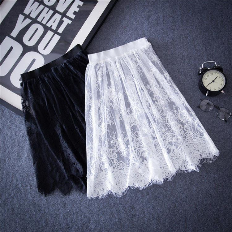 Women Lace Skirts Fashion Solid Casual Mesh tulle skirt Hollow Out short Pencil Elegant Black White Skirt D6