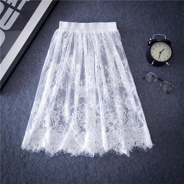 Women Lace Skirts Fashion Solid Casual Mesh tulle skirt Hollow Out short Pencil Elegant Black White Skirt D6