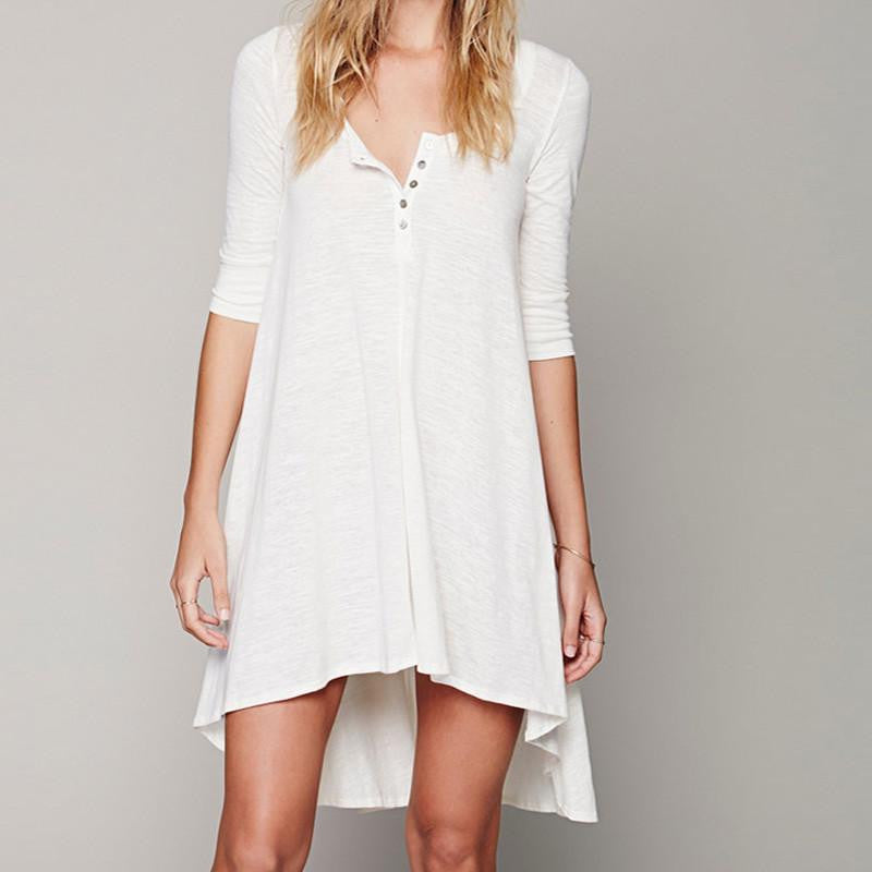 Women Casual Loose Cotton Half Sleeve V Neck Button Irregular Hem Solid Dress Plus Size Tee Top