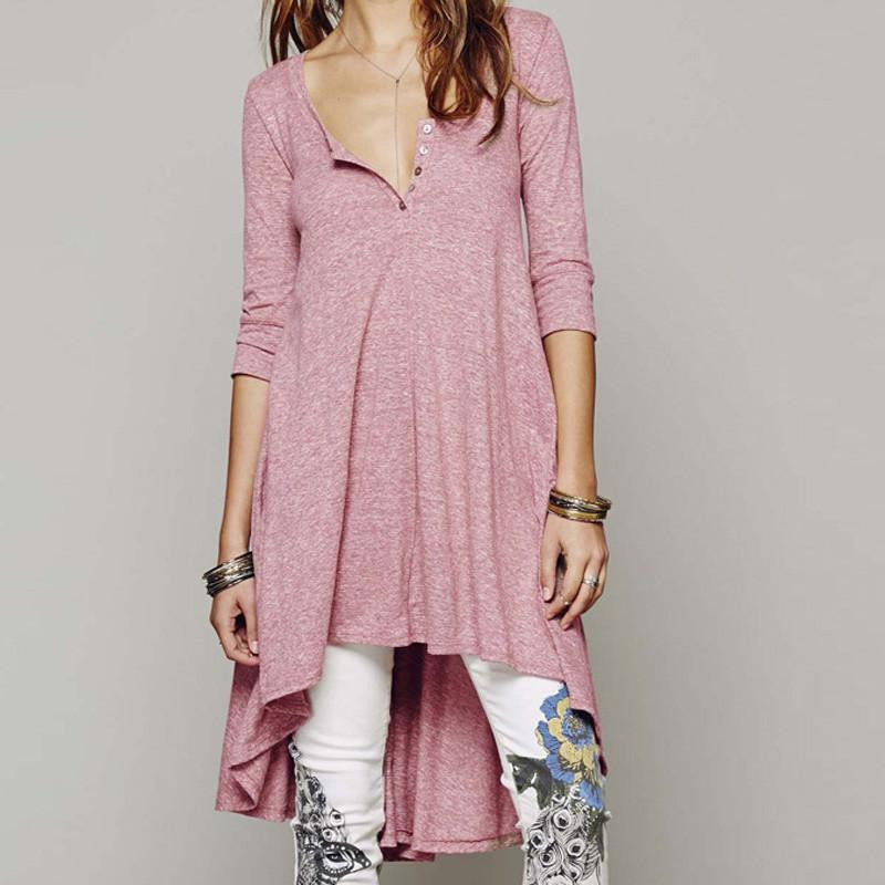 Women Casual Loose Cotton Half Sleeve V Neck Button Irregular Hem Solid Dress Plus Size Tee Top