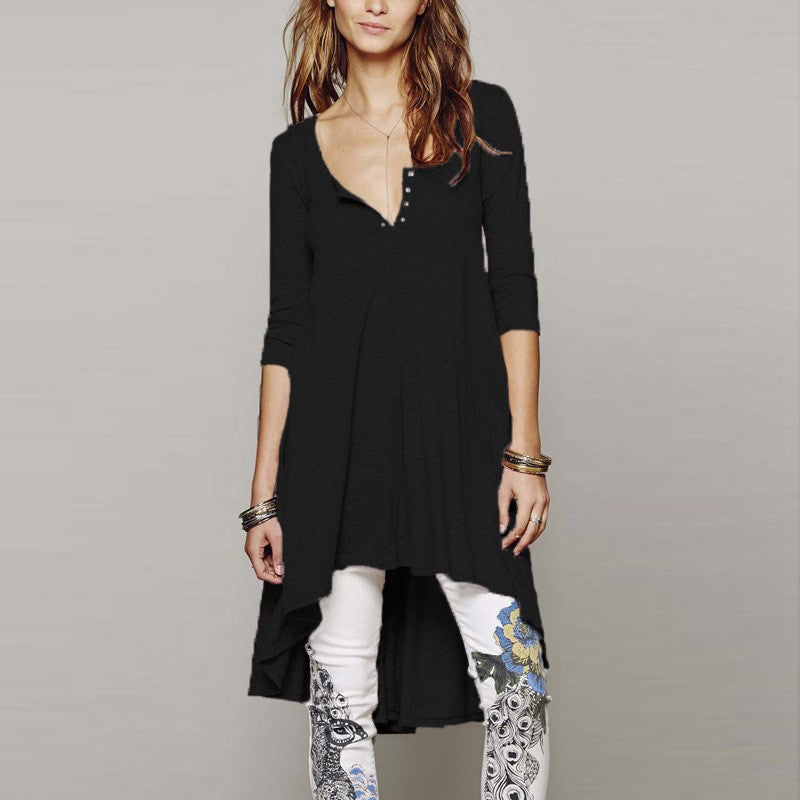 Women Casual Loose Cotton Half Sleeve V Neck Button Irregular Hem Solid Dress Plus Size Tee Top