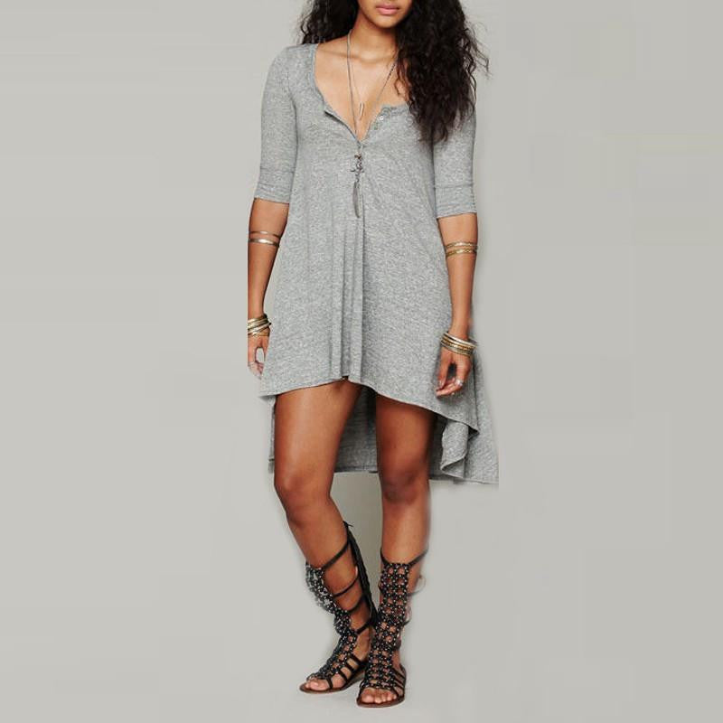 Women Casual Loose Cotton Half Sleeve V Neck Button Irregular Hem Solid Dress Plus Size Tee Top