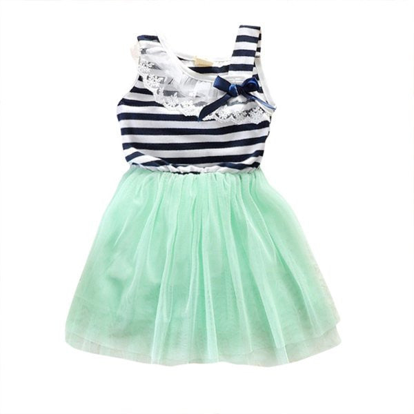 Online discount shop Australia - Baby Girls Cotton Sleeveless Dresses Lace Bow-knot Striped Bubblet Tutu Dress 1-4Y