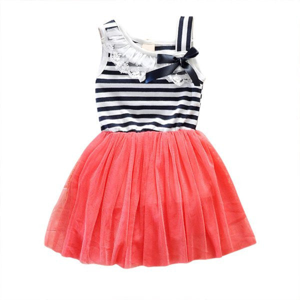 Online discount shop Australia - Baby Girls Cotton Sleeveless Dresses Lace Bow-knot Striped Bubblet Tutu Dress 1-4Y