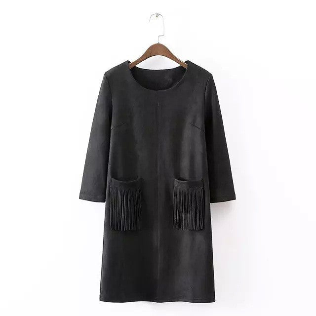 Online discount shop Australia - autumn winter new women's pocket tassels fringed pink black khaki blue faux suede dress long sleeve