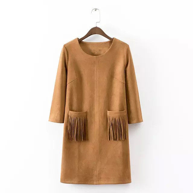 Online discount shop Australia - autumn winter new women's pocket tassels fringed pink black khaki blue faux suede dress long sleeve