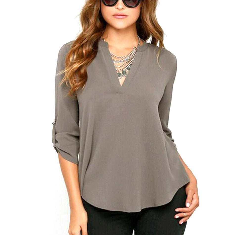 Women V Neck Solid Chiffon Blouse Tops Fashion OL Long Sleeve Shirt Blouses 4 Colors Size M-XXL
