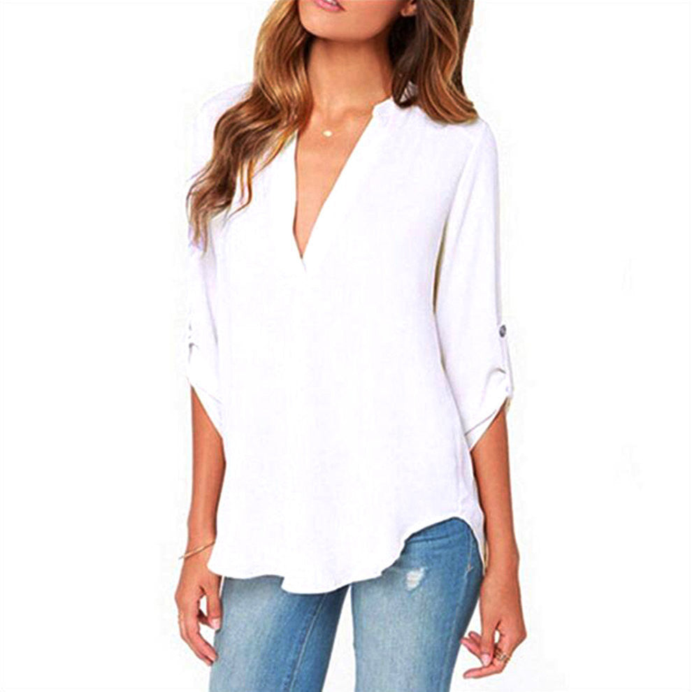 Women V Neck Solid Chiffon Blouse Tops Fashion OL Long Sleeve Shirt Blouses 4 Colors Size M-XXL