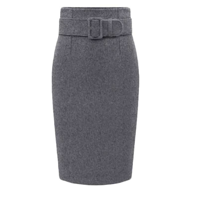 Women Plus Size Thick Woolen Skirts Slim Belt Office Long Midi Skirt Step A-line Skirt
