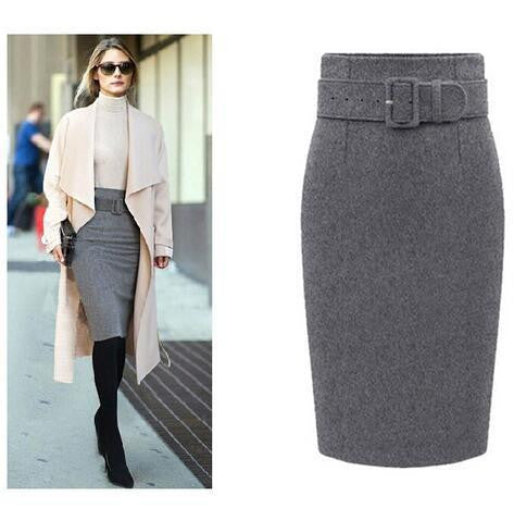Women Plus Size Thick Woolen Skirts Slim Belt Office Long Midi Skirt Step A-line Skirt