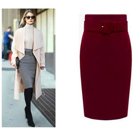 Women Plus Size Thick Woolen Skirts Slim Belt Office Long Midi Skirt Step A-line Skirt