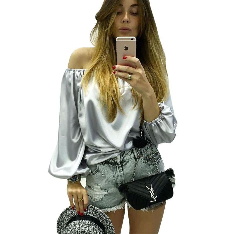 Off Shoulder Glossy Blouse Shirt Soft Satin Flare Sleeve Tops Elegant Party Women Blouses