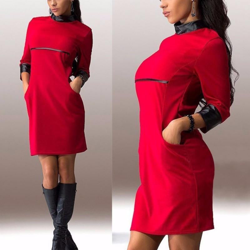 Women Three Quarter Sleeve Dresses PU Leather Sleeve Clubwear Dress Solid Color Dress