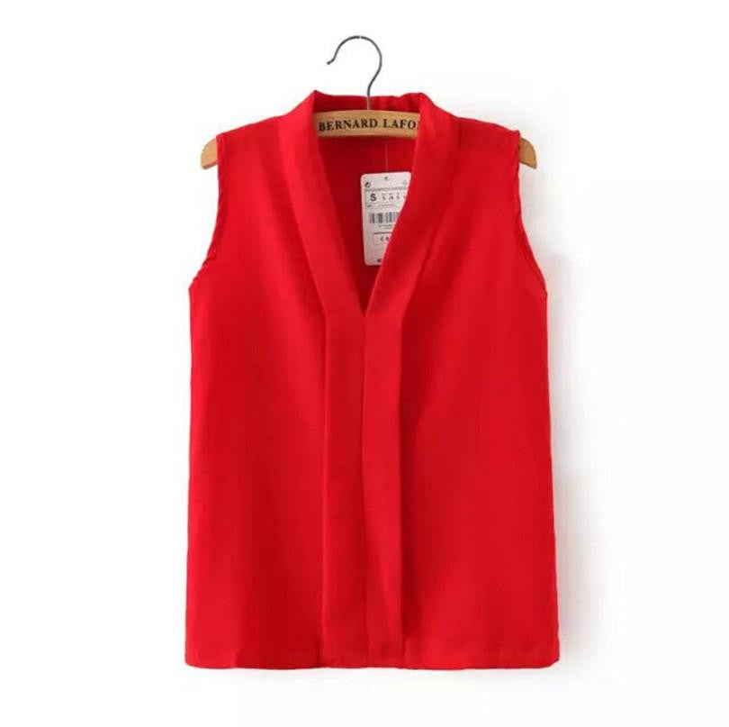 Women's Colourful V Neck Chiffon Blouses Cute Sleeveless Shirts Casual Slim Brand Tops
