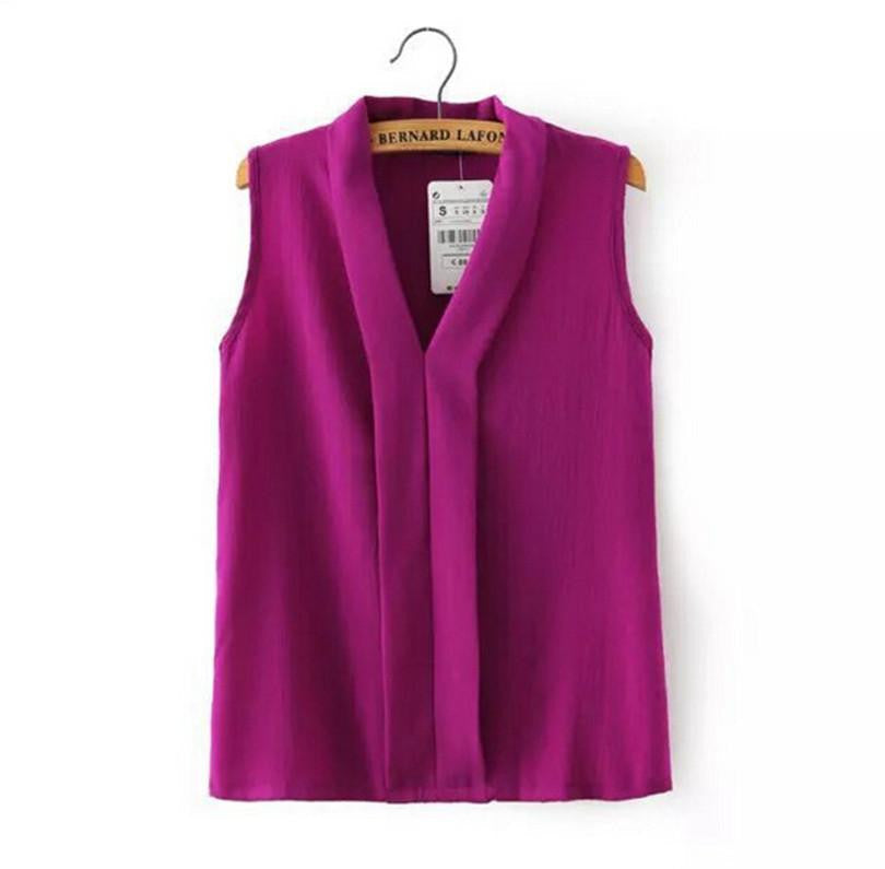 Women's Colourful V Neck Chiffon Blouses Cute Sleeveless Shirts Casual Slim Brand Tops