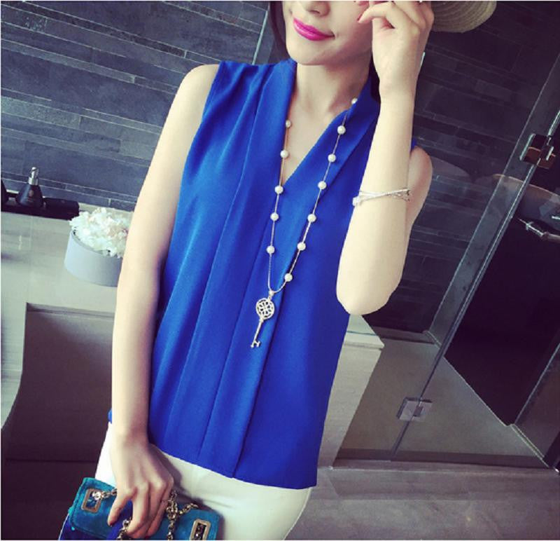 Women's Colourful V Neck Chiffon Blouses Cute Sleeveless Shirts Casual Slim Brand Tops