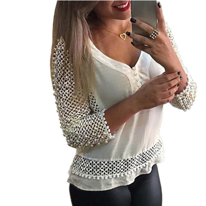 Women Fashion Loose V Neck Tops 3/4 Sleeve Hollow Out Sheer Shirt Blouse White Plus Size S-3XL