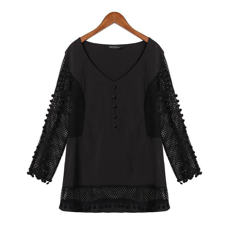 Women Fashion Loose V Neck Tops 3/4 Sleeve Hollow Out Sheer Shirt Blouse White Plus Size S-3XL