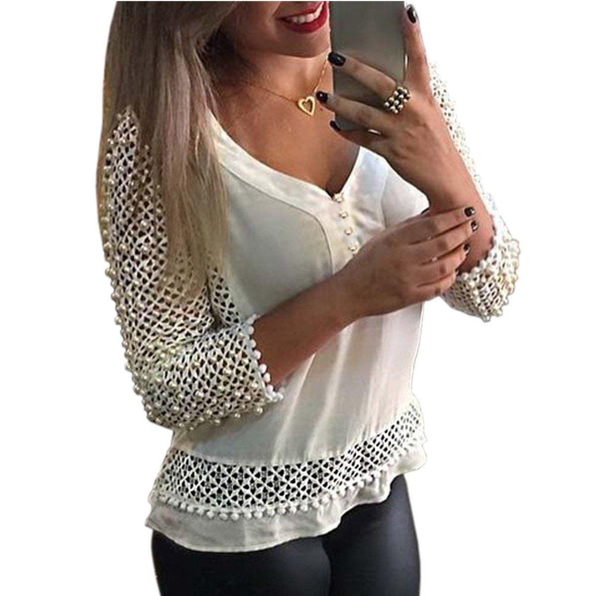 Women Fashion Loose V Neck Tops 3/4 Sleeve Hollow Out Sheer Shirt Blouse White Plus Size S-3XL