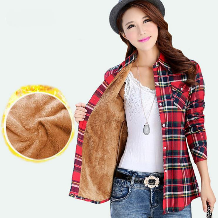 Velvet Thick Warm Women's Plaid Shirt Female Long Sleeve Tops Plus Size Check Blouse