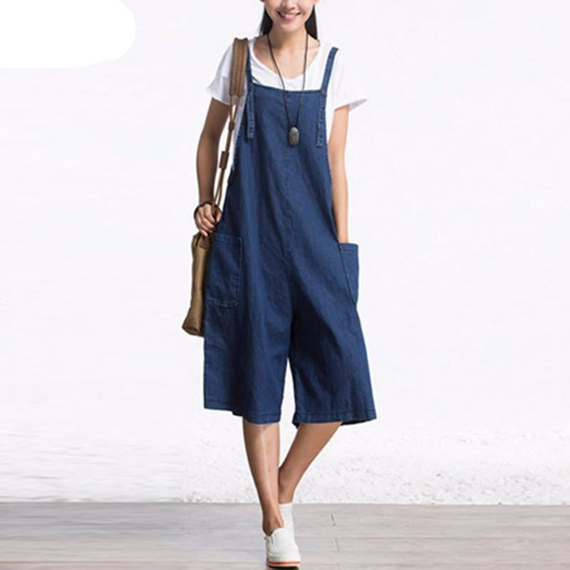 Womens Jumpsuits Sleeveless Adjustable Strap Pockets Button Wide Leg Denim Blue Retro Rompers Calf Length Overalls