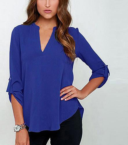Women's Stylish V Neck Rollable Sleeve Loose Solid Chiffon Blouse Shirt