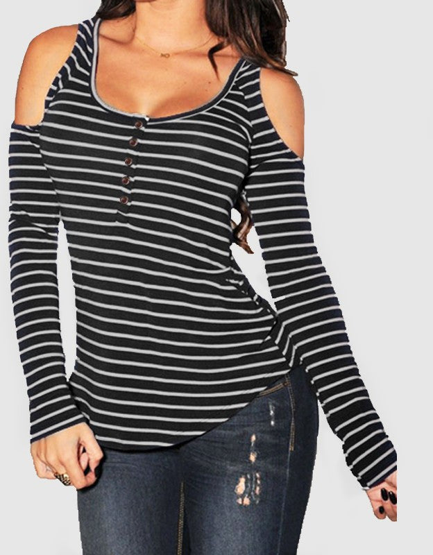Off Shoulder T Shirt Women Long Sleeve Tops Casual Fashion Slim Plus Size Striped Shirt
