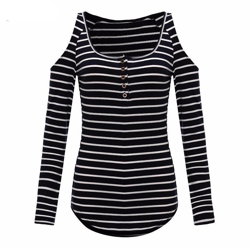 Off Shoulder T Shirt Women Long Sleeve Tops Casual Fashion Slim Plus Size Striped Shirt