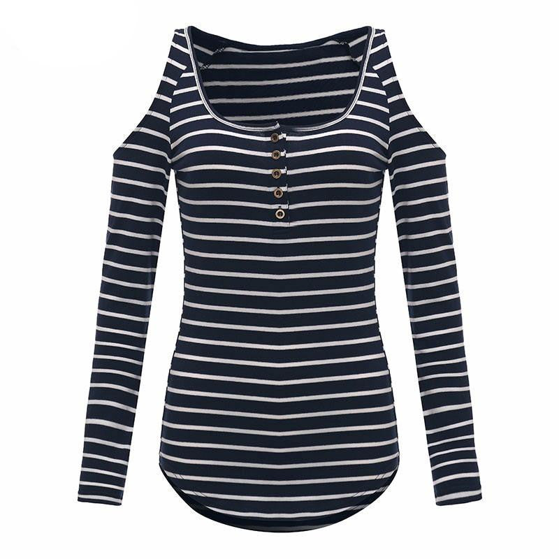 Off Shoulder T Shirt Women Long Sleeve Tops Casual Fashion Slim Plus Size Striped Shirt