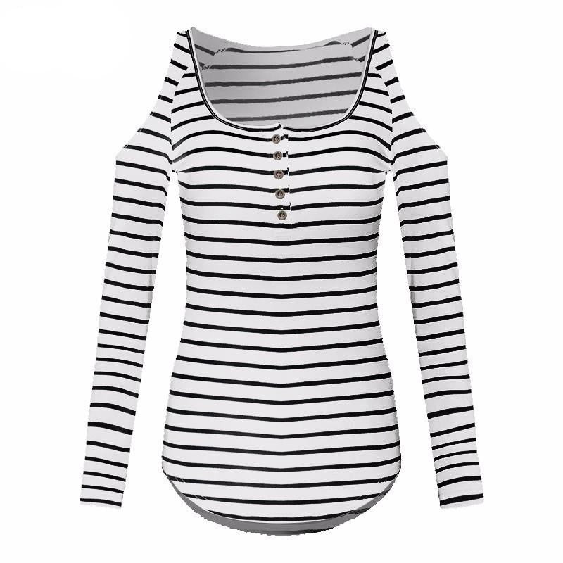 Off Shoulder T Shirt Women Long Sleeve Tops Casual Fashion Slim Plus Size Striped Shirt