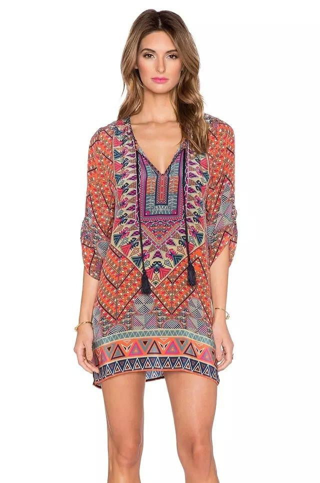 Women bohemian summer dress Ethnic Ropa Mujer 3/4 sleeve Loose V neck vintage print dress short hippie