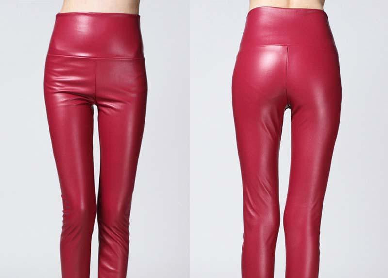 Thicken Winter PU Leather women pants high waist elastic fleece stretch Slim woman pencil pants skinny trousers 25 colors