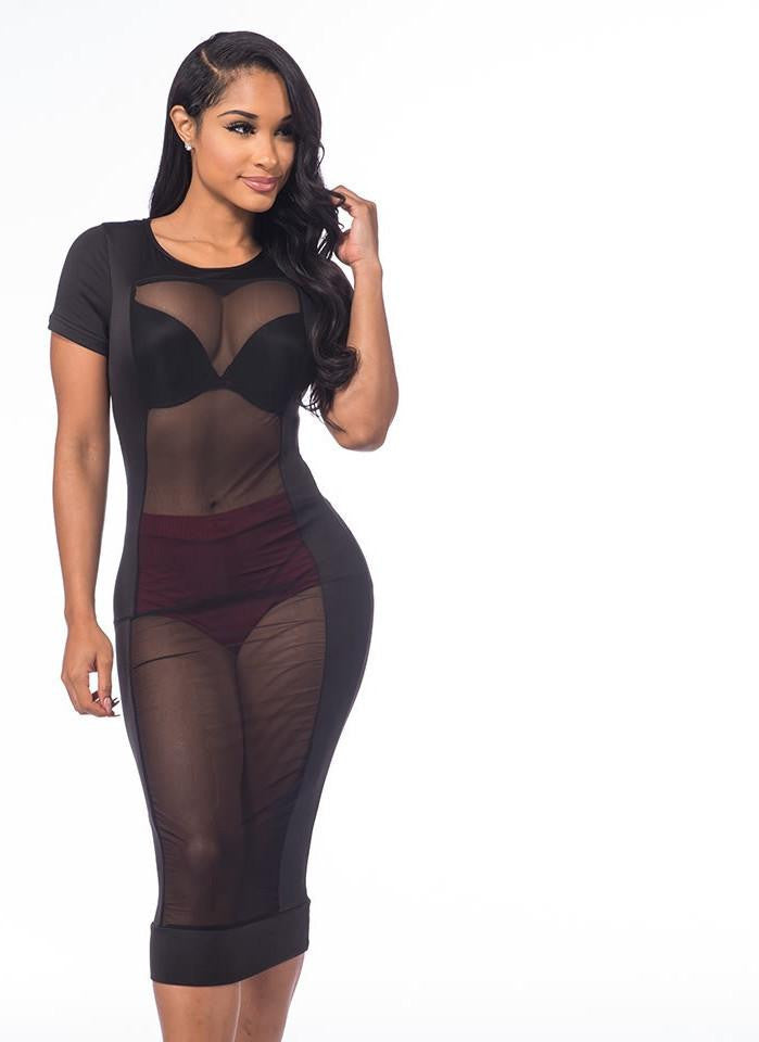 Women Summer Dresses Fashion Casual Female Short Sleeve Mesh Patchwork See Through Outfits Party Club Black Dress
