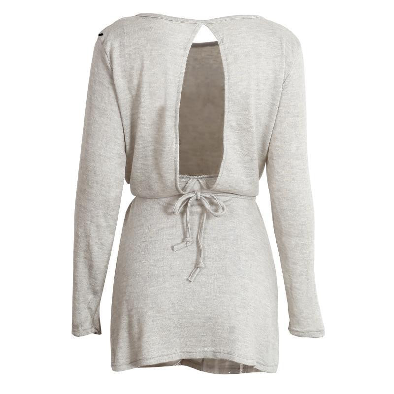 loose hollow out knitted dress women Casual belt backless short dress Winter female grey long sleeve dress